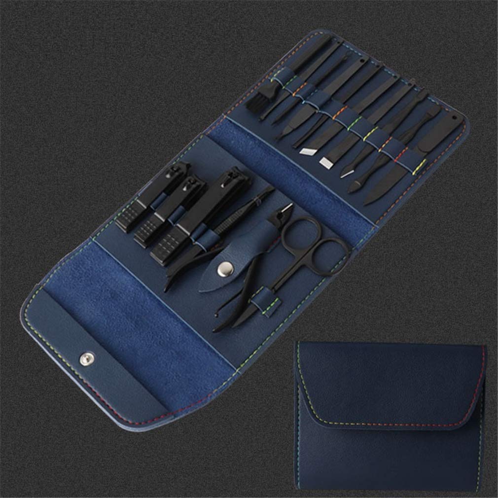 Cortaúñas, juego de manicura, cortaúñas, pedicura, kit de 16 piezas, cortaúñas profesional, herramientas de cuidado de pedicura, herramientas de aseo (negro/gris/marrón) for mujeres y hombres, azul (m