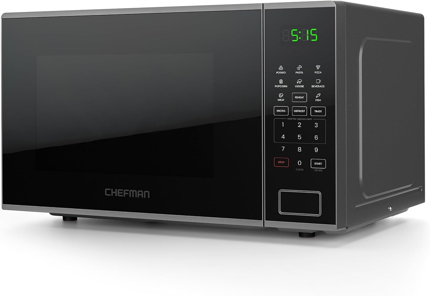Angled view of the Chefman 1.1 cu. ft. microwave oven