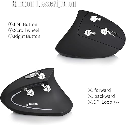 Miniatura 4 de Ratón inalámbrico, mouse vertical inalámbrico de 2.4 G, mouse ergonómico con 3 DPI ajustables 80012001600, 6 botones, compatible con PC, escritorio