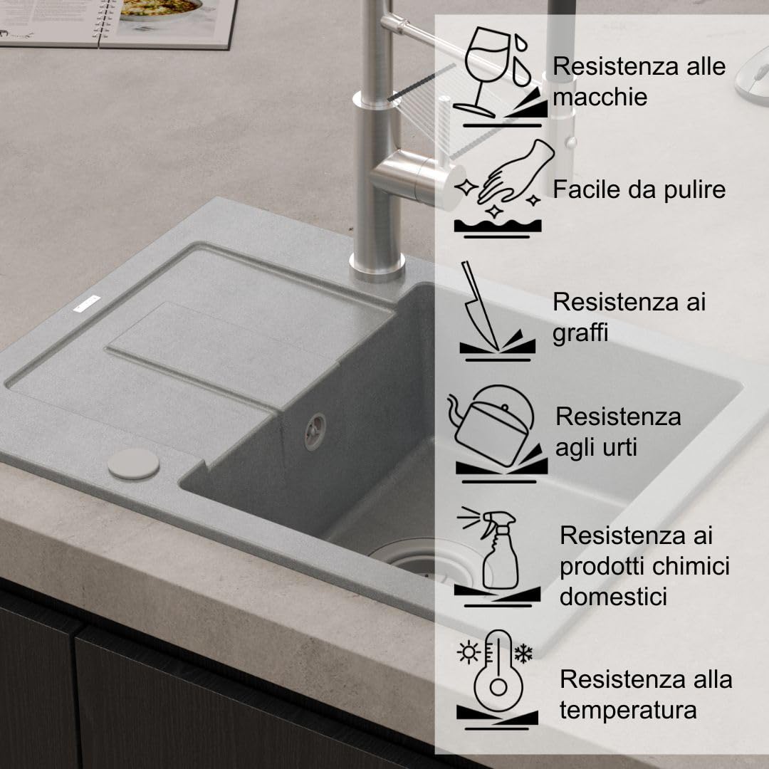 QUADRON Lavello Beige | dimensioni 60 x 45 x 18,5 cm | lavello in granito CHRISTIAN 111 lavello da cucina monovasca | con sifone e scolapiatti manuale | lavello da incasso a 1 vasca