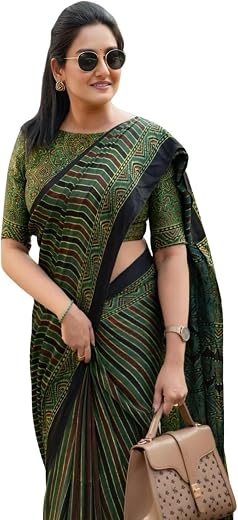 Jack &amp; Jini Women’s Printed Kalamkari Cotton Saree with Unstitched Blouse | Traditional Ethnic Saree for Casual, Office &amp; ...