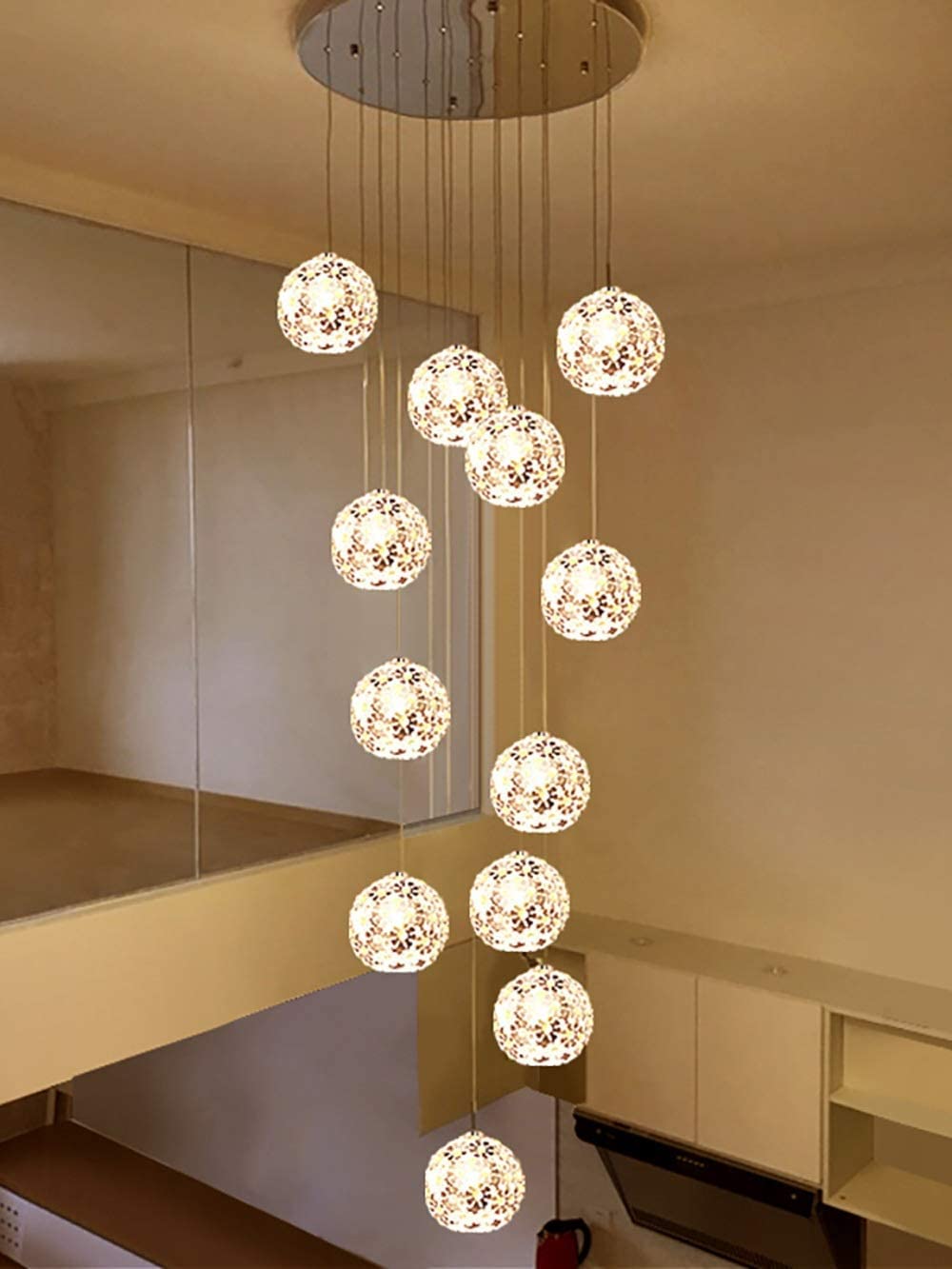LYMSXAZOU Multi Lights Duplex Hollow Living Room Loft Chandelier Multi-Balls Minimalist Staircase Long Modern Creative Hotel Villa Stairwell High Ceiling Pendant Light Metal Crystal Lampsha Made in