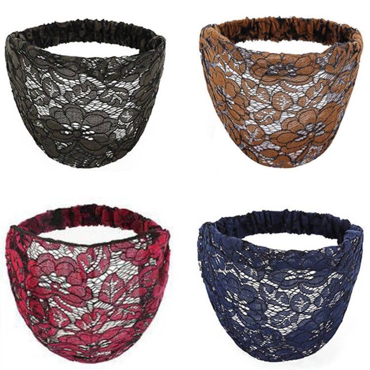 Ewanda store4 Pcs Wide Lace Headbands Elastic Head Wrap Vintage Flower Headband Stretch Hair Band Accessories for Women Girls