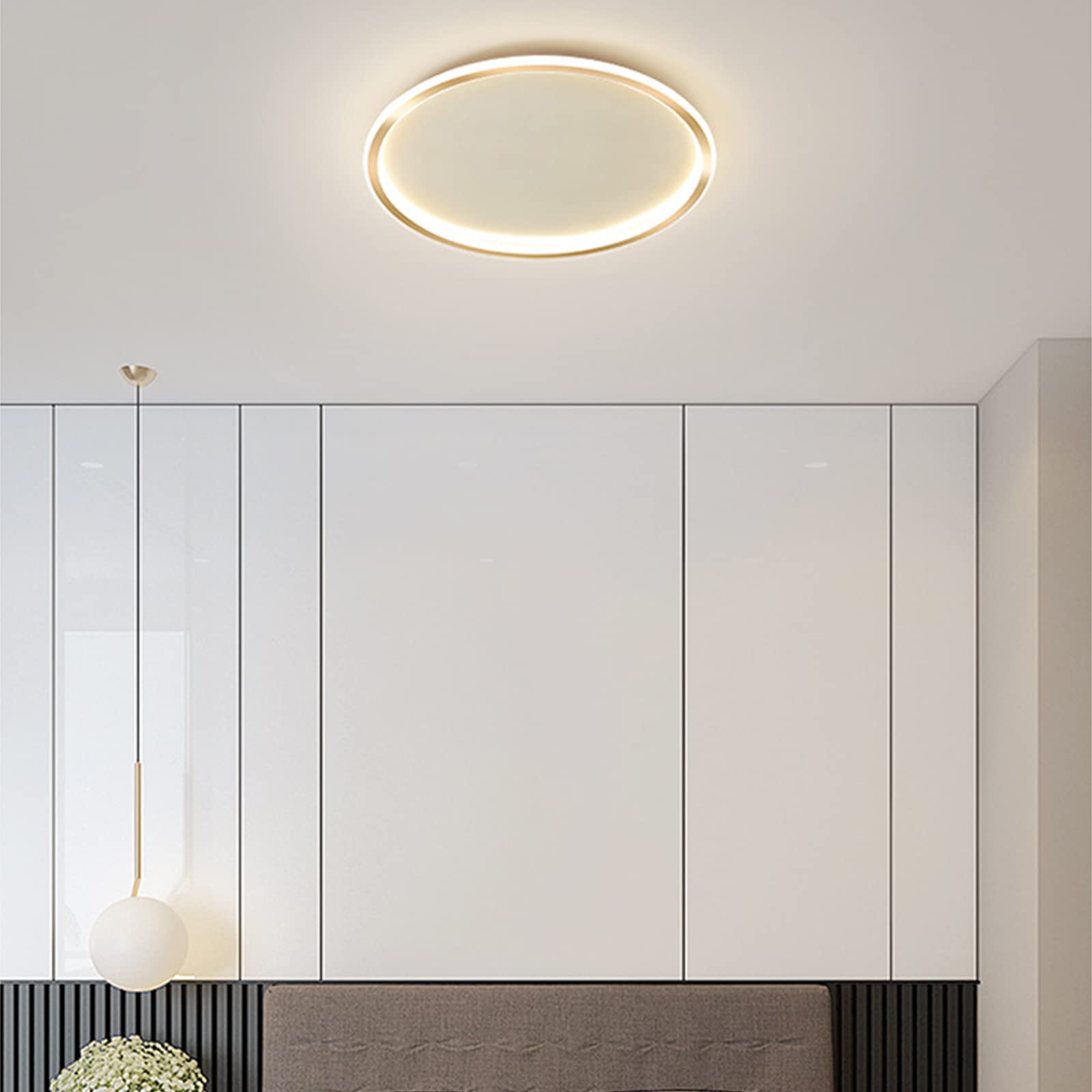 Okrągła lampa wisząca LED, plafon, nowoczesny styl skandynawski, ultra-cienki, okrągły montaż, do salonu lub sypialni, złoty kolor, 3 kolory oświetlenia, 40 cm, 48 W