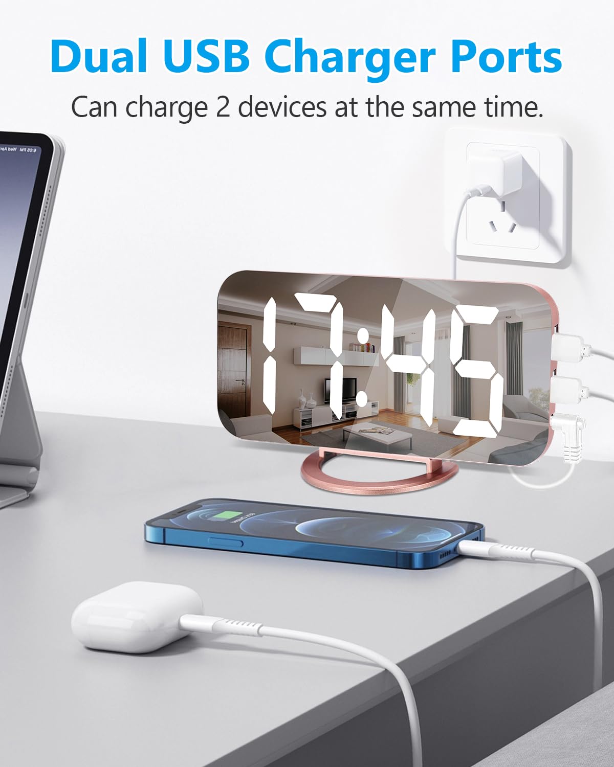 Reloj despertador digital, pantalla grande con espejo LED de 7 pulgadas, con puertos de cargador USB duales, función de repetición, modernos relojes electrónicos de pared de escritorio para