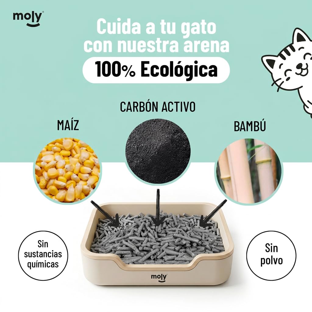 MOLY x2 Arena para Gatos Carbón Activo Biodegradable 5,6 KG 7,4 L | Arena Ecológica Vegetal de Bambú y Maíz Aglomerante | Alta Absorción y Bajo Polvo | Lecho Natural Compostable | Control de Olores - 3