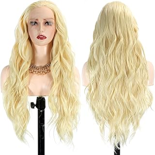 Synthetic Lace Front Wigs, GLZWIG Body Wave Wig 24 Inch Transparent Synthetic Lace Front Wig for White Women, Loose Frontal Synthetic Heat Resistant Fiber Wigs (Blonde #613)