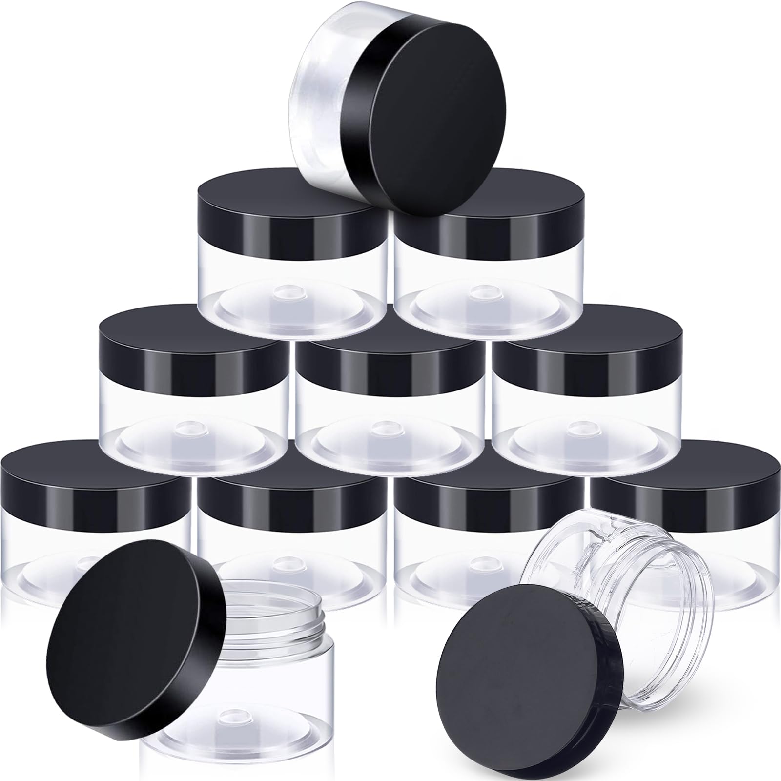SATINIOR 12 Pack 1 oz Plastic Container Jars with Lids Round Clear Travel Cosmetic Container Jars for Toiletries, Lotion, Cream, Ointments, Makeup, Rhinestone, Samples, Kitchen Storage, black