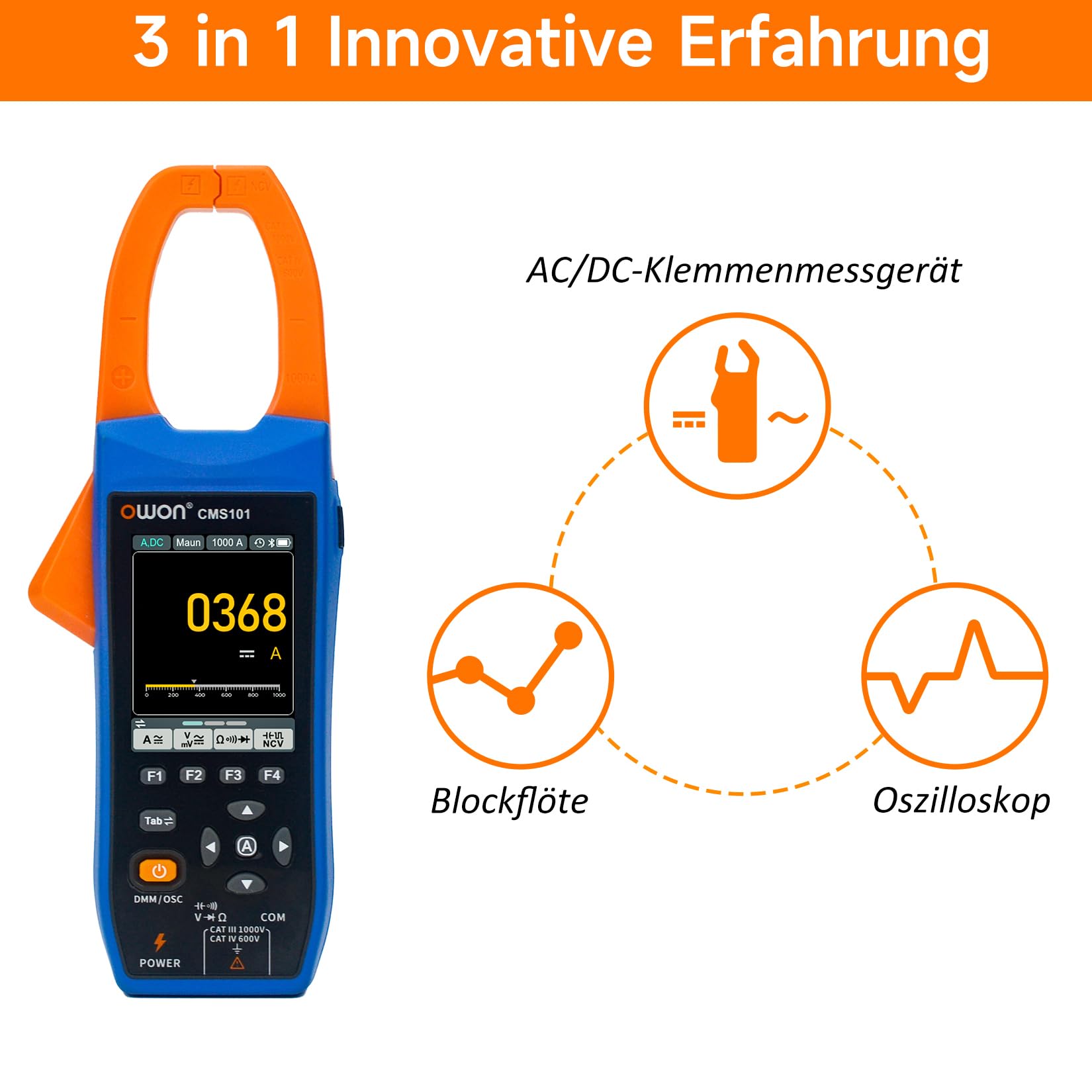 OWON CMS101 Bluetooth Stromzangenmessgerät AC/DC, Oszilloskopfunktion, Schreiberfunktion 3 in 1, 20000 Zählungen True RMS Auto-Range, Bluetooth Stromzangenmessgerät für Elektrofahrzeug