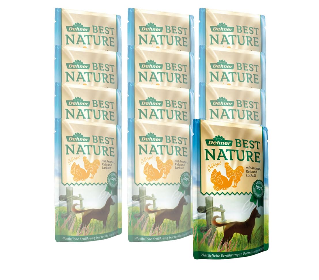 Dehner Best Nature Hundefutter, Nassfutter, für ausgewachsene Hunde, Geflügel / Reis, 12 x 150 g Beutel (1.8 kg)