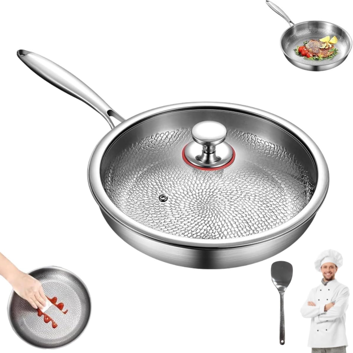 Platefull Titanium Pan,Titanium Hammered Frying Pan With Lid,Upgraded Non-Stick Without Coating Titaniums Pro Cookware,Ultra-Durable, Scratch-Resistant, Compatible With All Cooktops (11.81in)