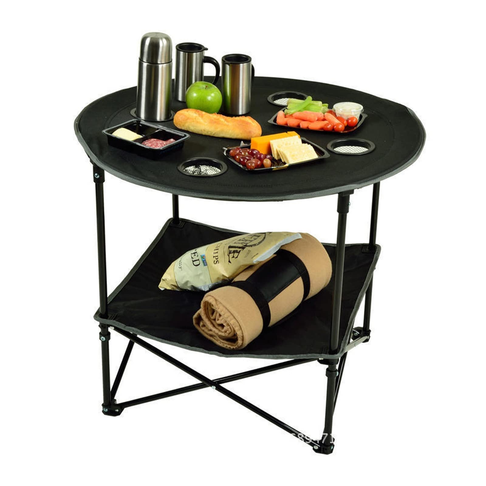 Table pliante Table d'appoint de camping pliante légère portable pour pique-nique en plein air Tables de plage rondes en toile avec 4 porte-gobelets pour la pelouse de pêche Randonnée Table de campi