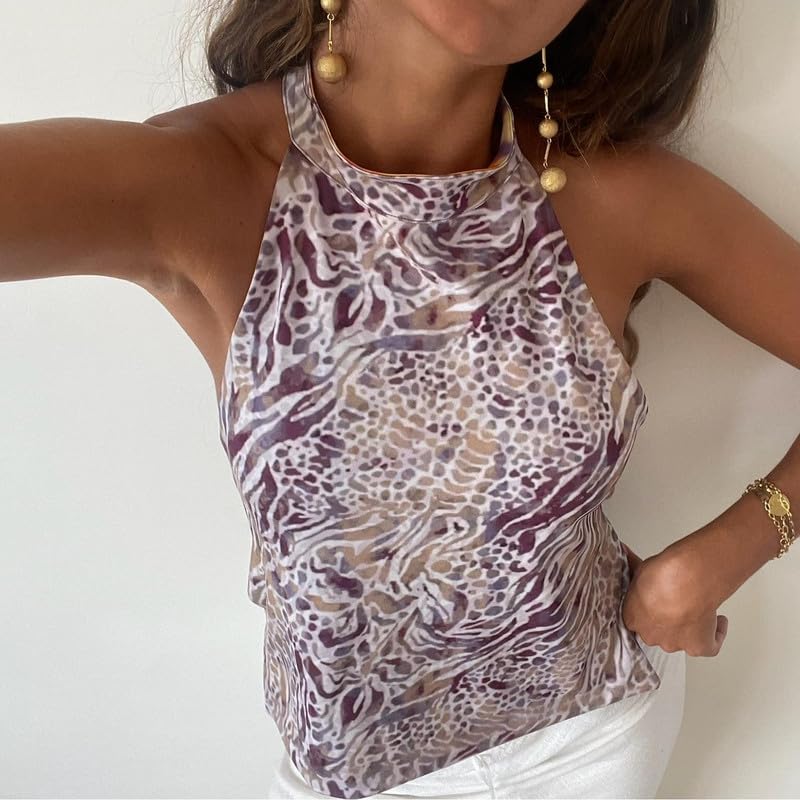Women Y2k Floral Halter Tank Top Sexy Backless Mock Neck Top Sleeveless Beach Going Out Shirts Aesthetic Vacation Clothes3