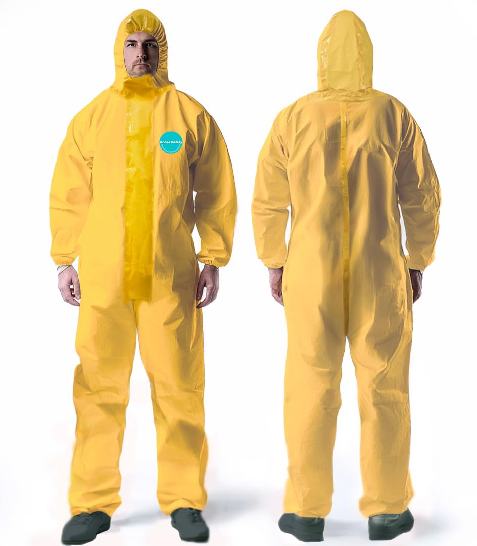Andes Chemical Protection Coveralls | Hazmat Suits | Sealed Seam Chemical Protection Suits with Hood, Elastic Wrists