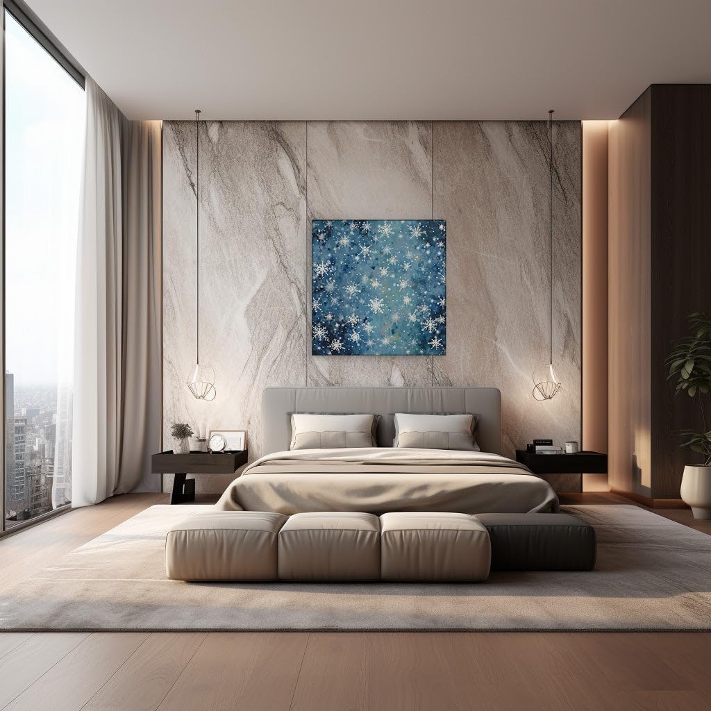 Canvas for Living room. Whispering Winter's Touch: A Serene Snowflake Symphony in Gradient Blue, 27 x 18 inch Canvas Wall Art - Modern Home Decor