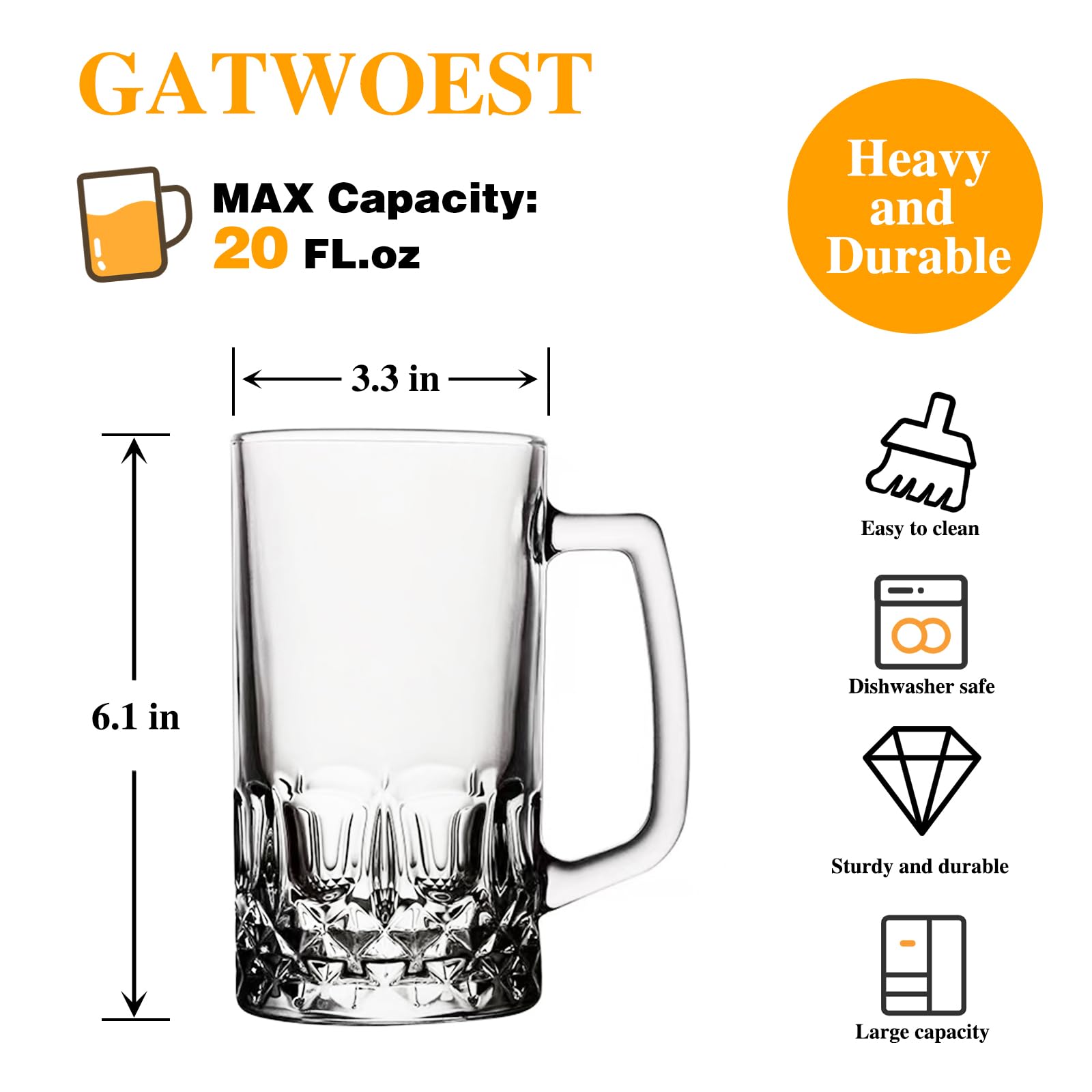 GATWOEST Large Beer Mug (20 oz, Set of 2) Crystal Glass German Mugs for Freezer, Durable Stein With Handles - Dishwasher and Freezer Safe, Gifts for Men