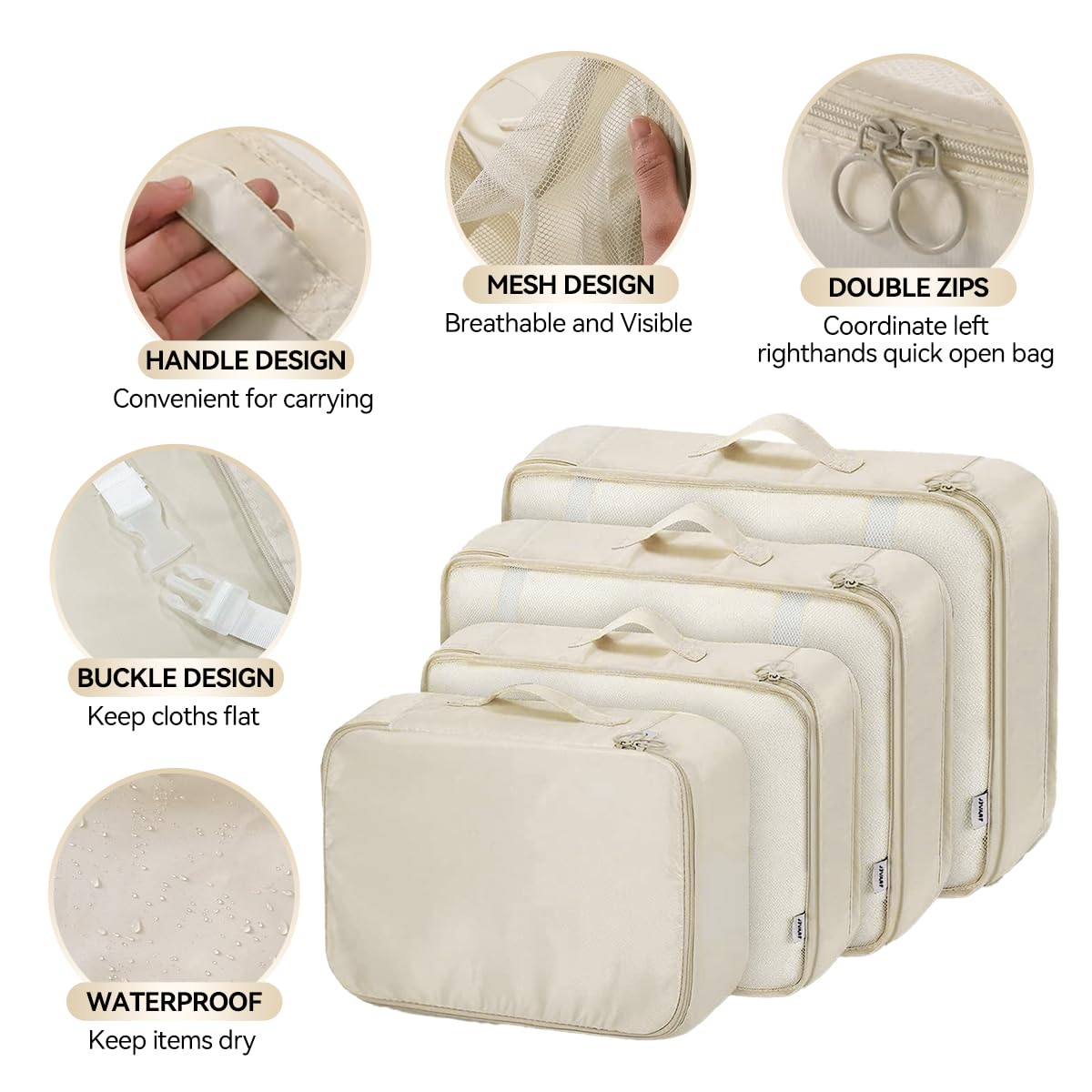 Shadcoler Organizer Valigia, 8 Pezzi Organizer Valigia Salvaspazio, Organizer Viaggio, Packing Cubes per Cosmetici, Abbigliamento Intimo, Vestiti, Borse, Scarpe, Viaggio Accessori Utili (Beige)