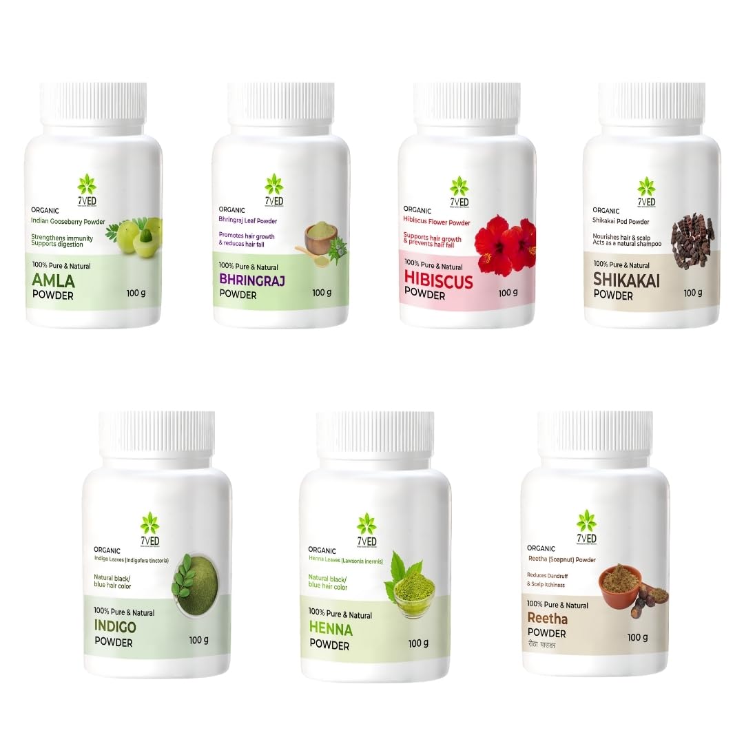 7VED Hair Growth & Thickening Combo Pack - Amla, Shikakai, Hibiscus, Bhringraj, Indigo, Reetha, Henna Powder (120 g x 7)-image-43