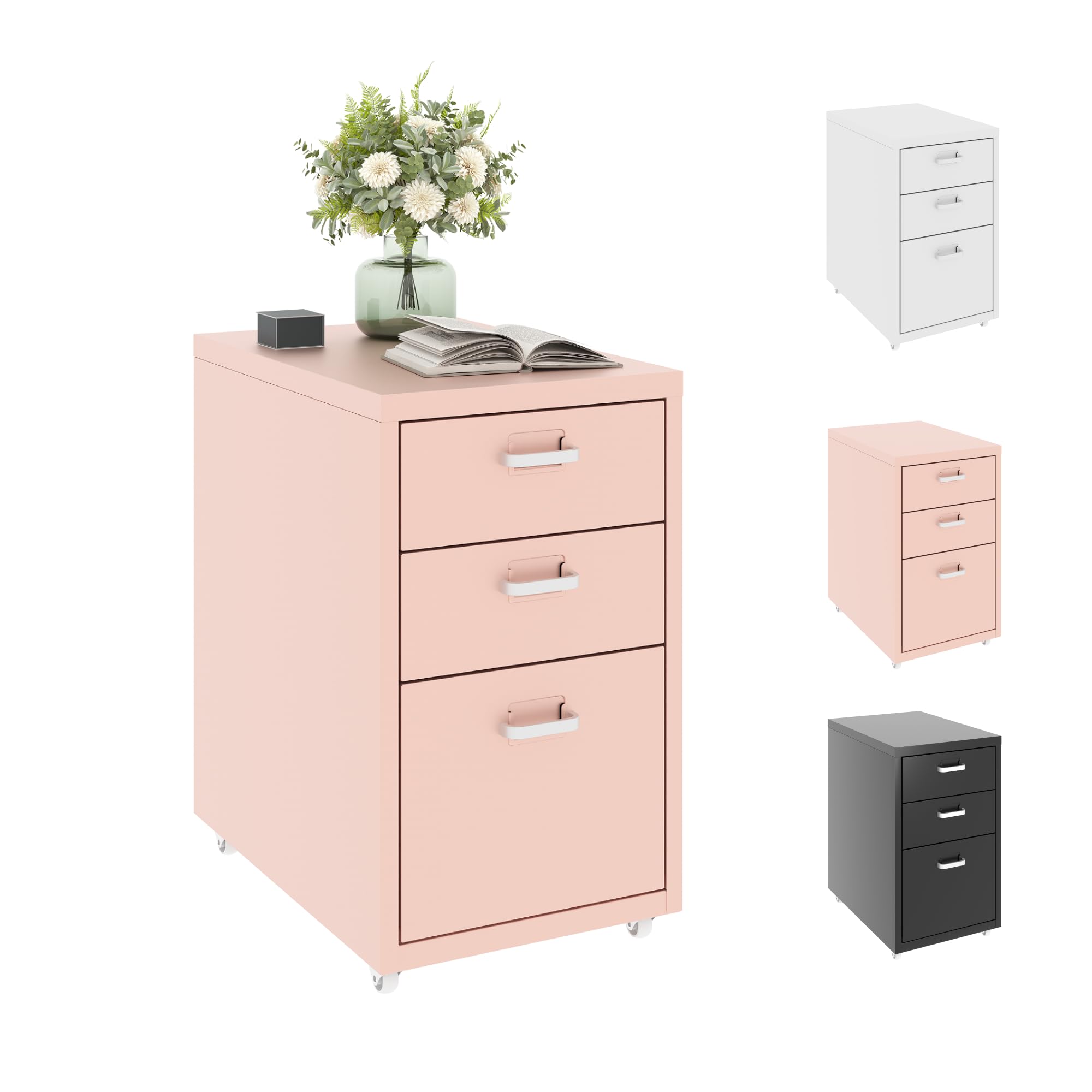 FLEXISPOT Mobile File Cabinet with 3 Drawers, Rolling Filing Cabinet with Wheels,Under Desk Office Storage for Home & Office (Pink)