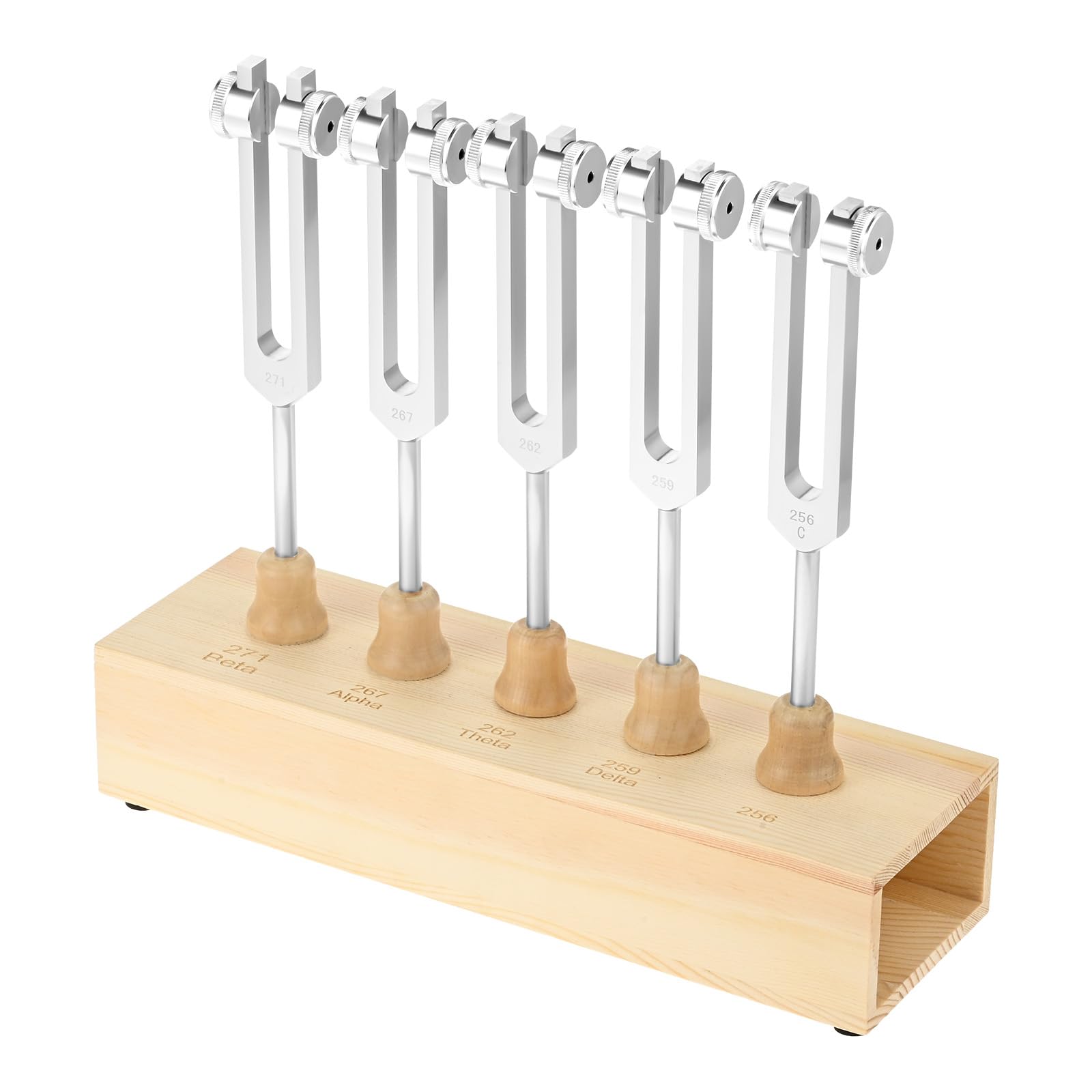 DRELD 5 Stimmgabel Set, Chakra Stimmgabel mit Holzständer, Aluminiumlegierung Tuner mit Silikonhammer Inbusschlüssel, für Heilung Klangtherapie Ausgleich Vibration (256HZ, 259HZ, 262HZ, 267HZ, 271HZ)