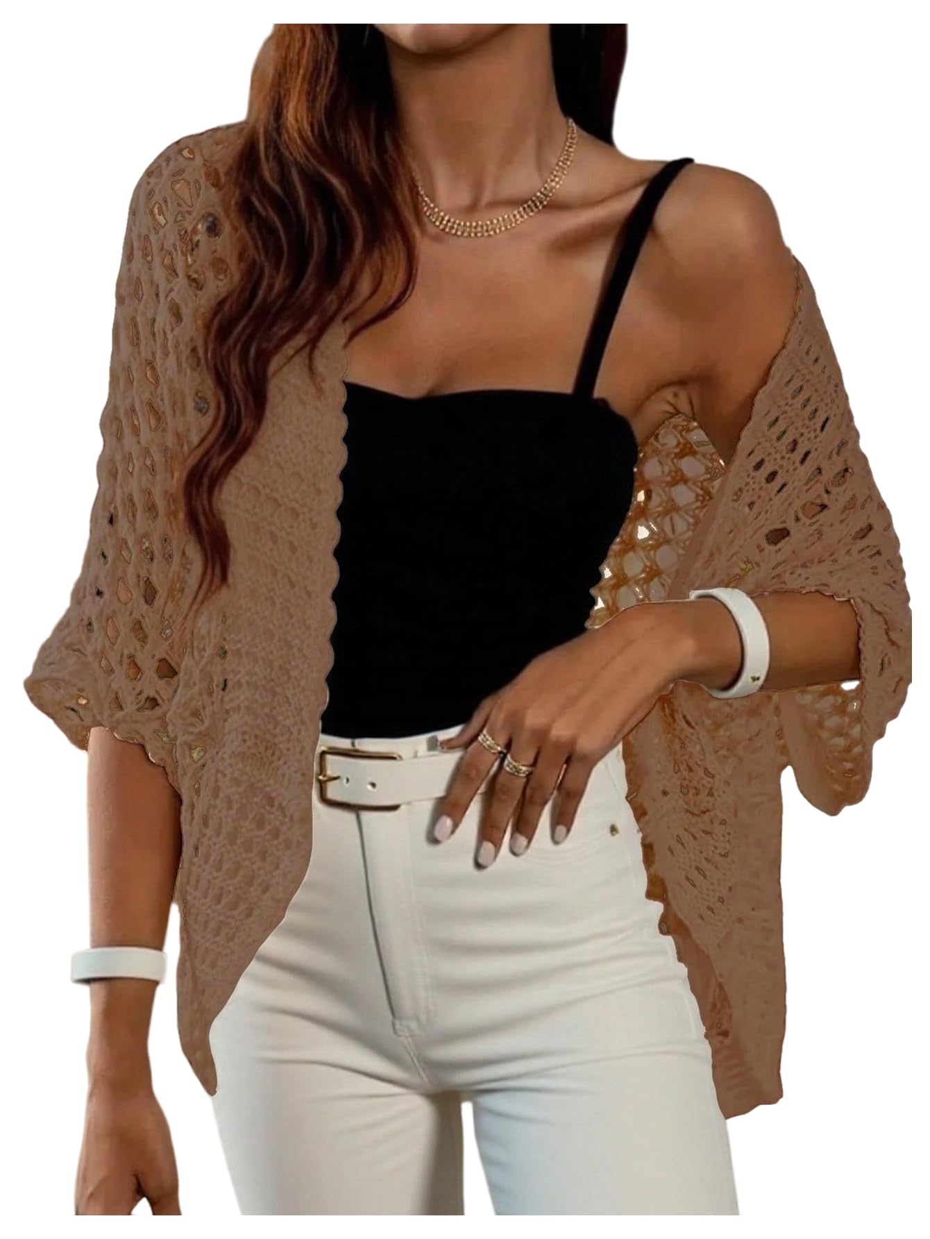 Floerns Womens Hollow Out Summer Short Sleeve Cardigan Sweaters Open Front Knitted Crochet Sweater