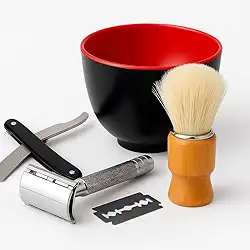 Kit de Barbear Tradicional Masculino – Navalha Clássica, Barbeador Metálico, Pincel de Barbear com Cabo de Madeira e Tigela Preta com Interior Vermelho