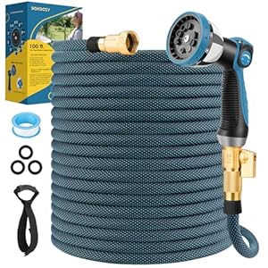 Non-Expanding Garden Hose 100 ft, Flexible Kink Free Water Hose with 10 Watering Spray Nozzle, Lightweight Hose Pipe, Leak-Proof, Durable, 3/4″ Brass Alloy Connector, Portable Storage Strap