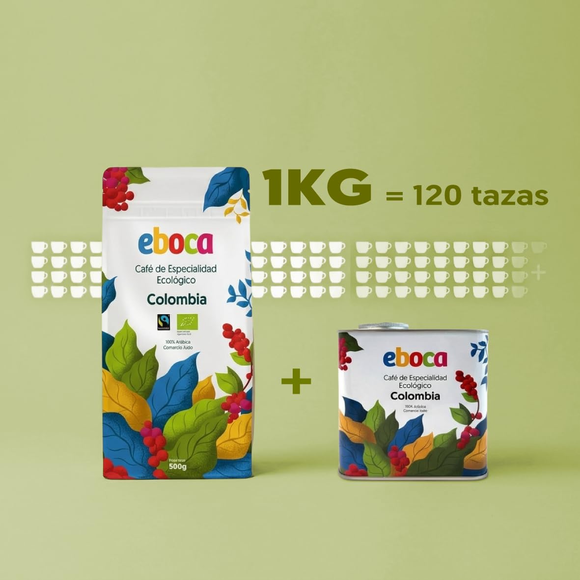 EBOCA Café en Grano Ecológico 1kg (2x500g) – 100% Arábica de Especialidad, Origen Colombia, Comercio Justo (Fairtrade), Tostado Artesanal en Huesca, Tueste Medio para Espresso y Filtro