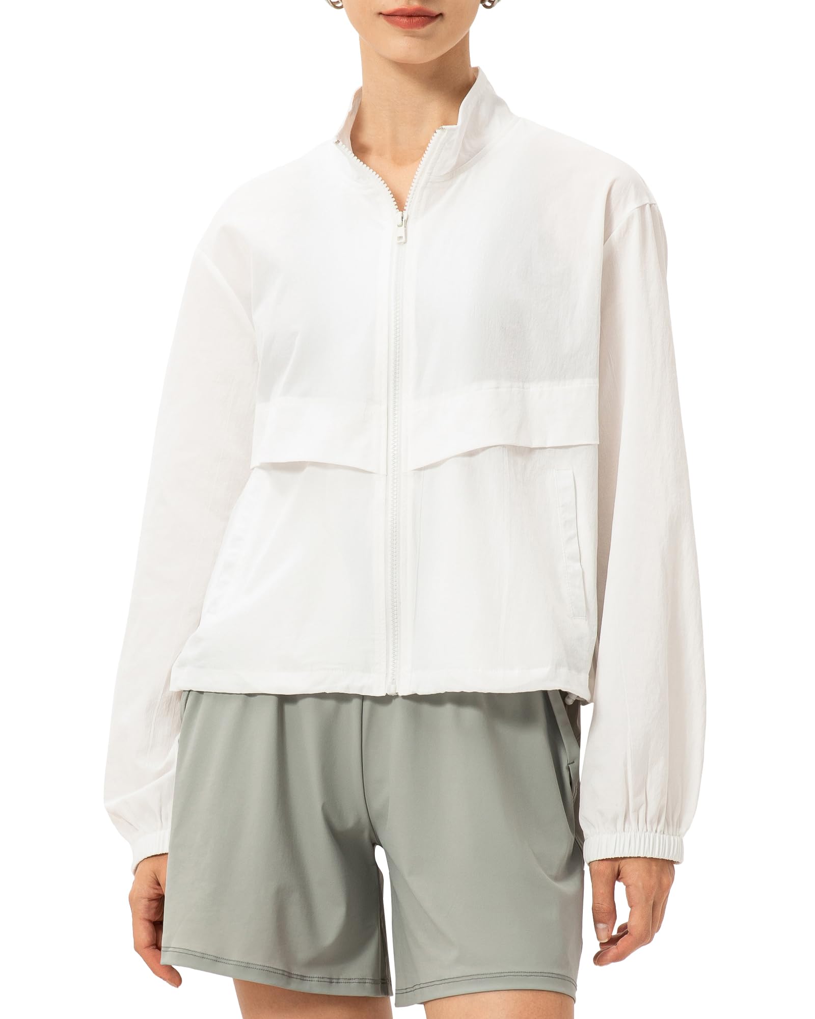 Gacaky Women's Athletic Workout Running Track Full Zip Cropped Jackets UPF 50+ Sun Protection Stand Collar Gym Shirts White S