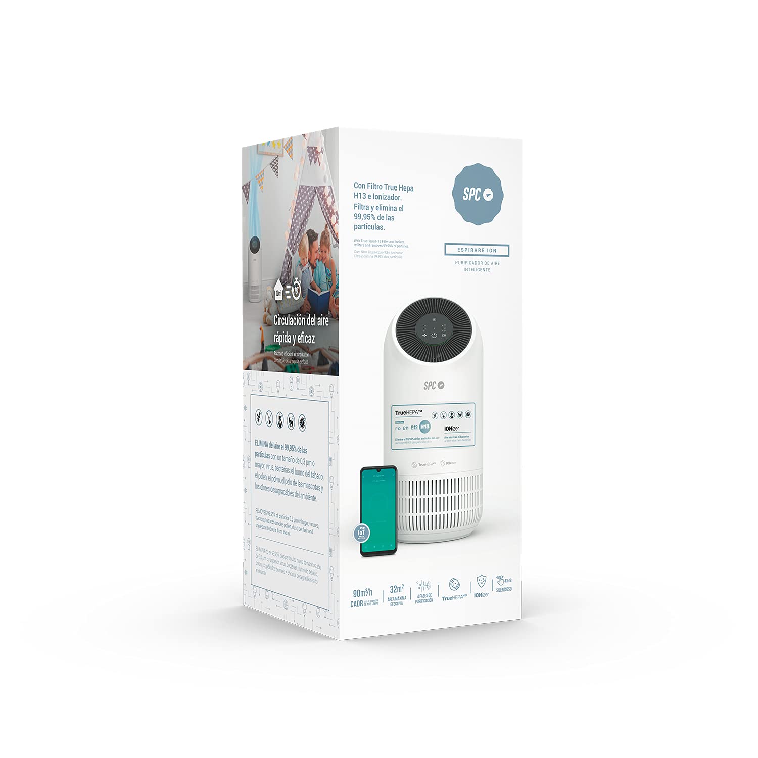 SPC SPIRARE ION Wi-Fi Smart Air oczyszczacz powietrza do 32m2, 4 fazy filtrowania, filtr True HEPA 13, jonizator, super cichy, kompatybilny z asystentami głosowymi