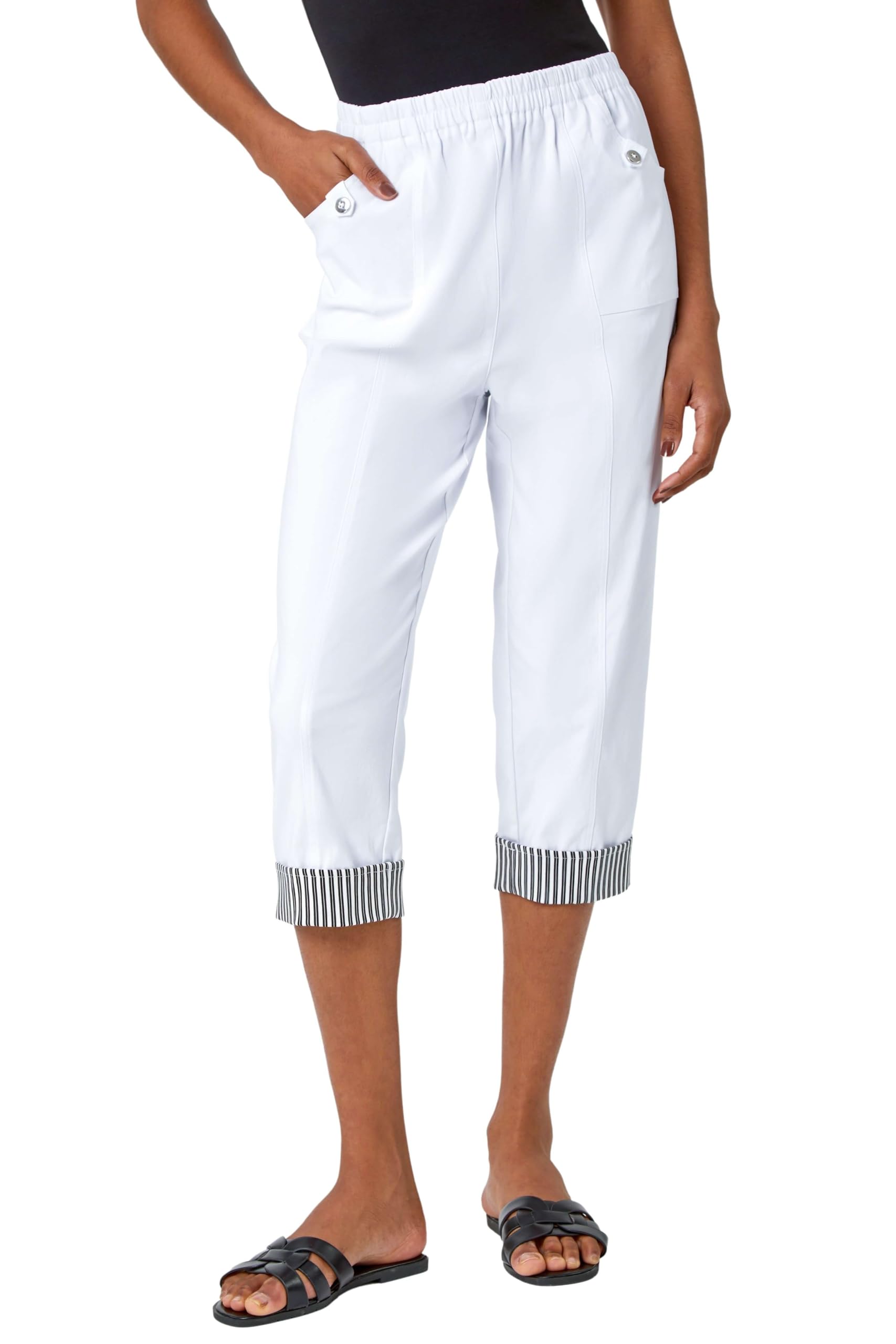 Roman Originals Women's White Cropped Stretch Trouser For Uk - Capri Pants Summer Leggings 3/4 Three Quarter Pedal Pusher Elasticated Waist Cut Off Contrast Detail Pull On Work - Size 10