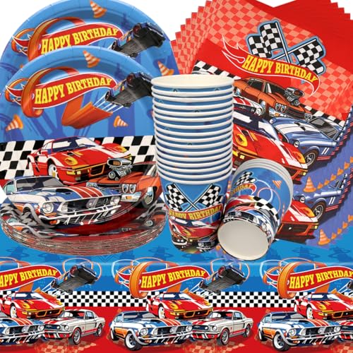 Louça para festas de corrida, Doyomtoy de 61 peças Racing Car aniversário decorações de carro pratos de aniversário, canecas, guardanapos infantis para artigos para festas temáticas para carro
