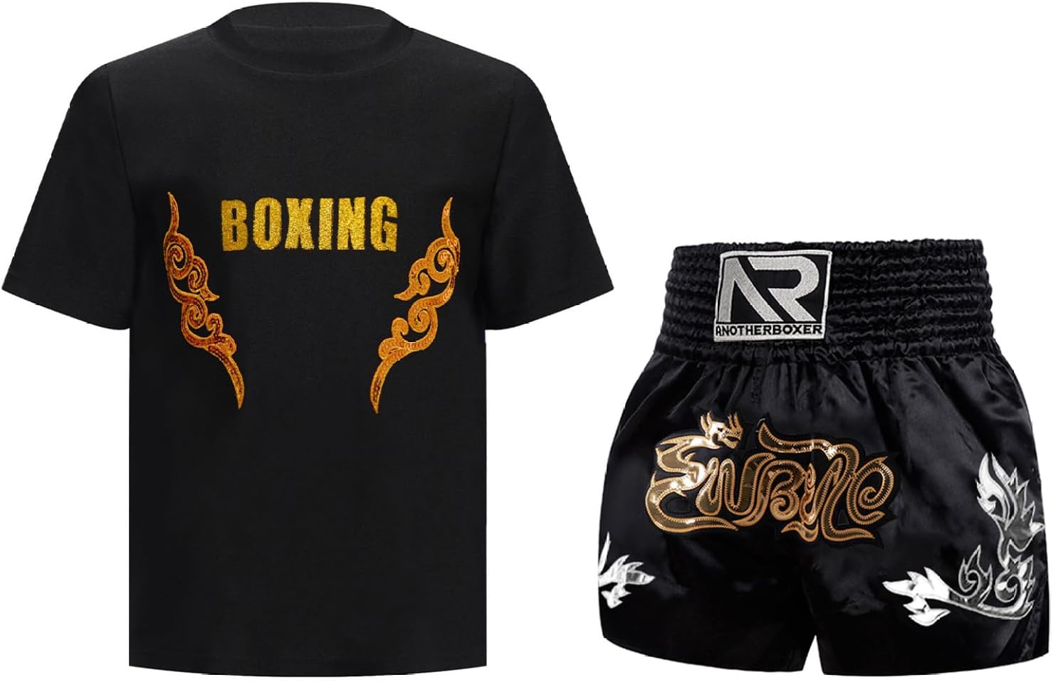 Kids Boys Kickboxing Boxing Outfits Shiny Print Boxer Shirts with Waistband Muay Thai Shorts Set