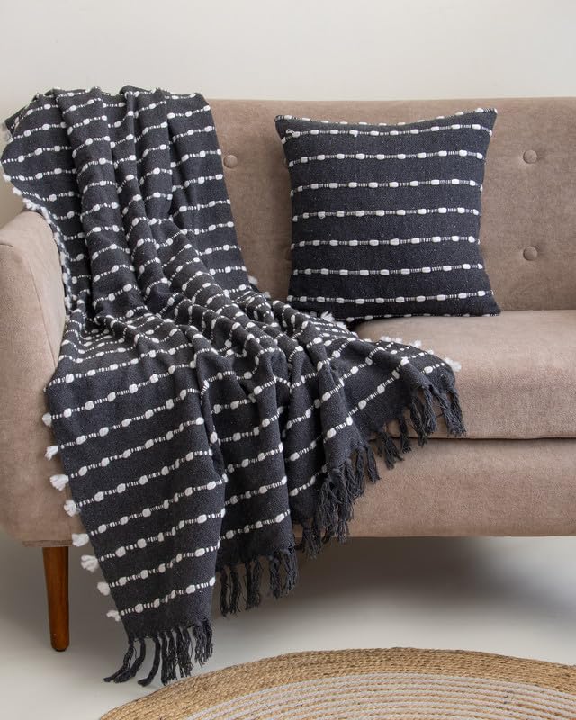 Image of Black White Tribal Stripe Sofa Throw 50x70 Inches with 2 pcs Cushion Covers - Pack of 3 (1 Sofa Throw + 2 Cushion Cover)