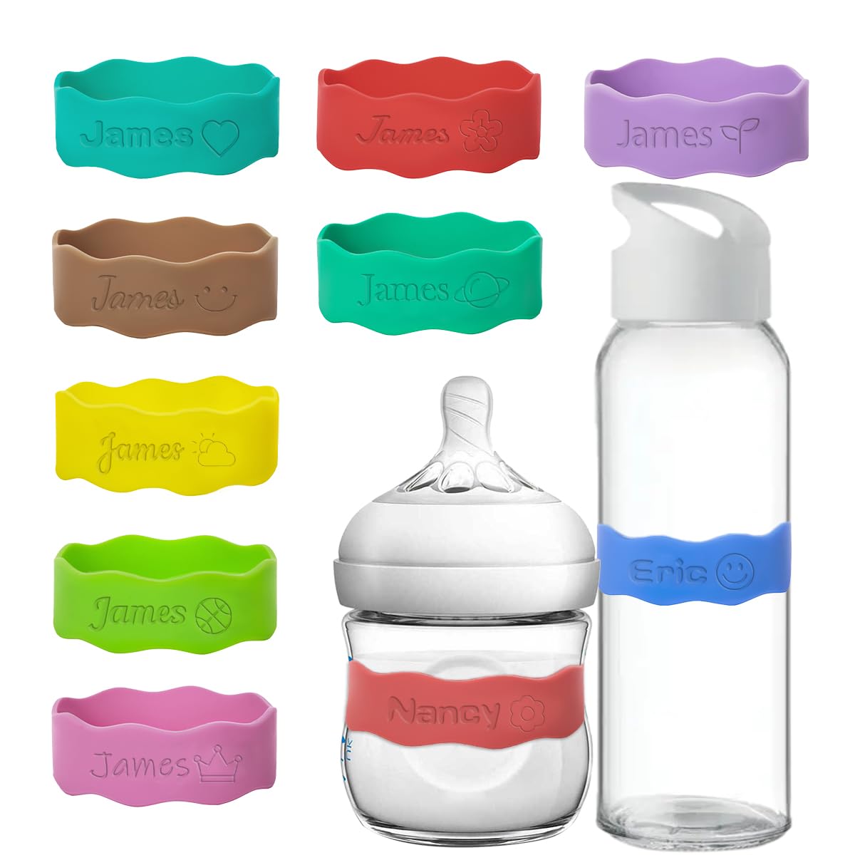 3 Pieces Personalized Bottle Labels, Reusable Silicone Non-Slip Name Bands, Name Bands for Children's Bottles, Drinking Cups for Nursery Classrooms, Homes, Dining Tables, Baby Showers