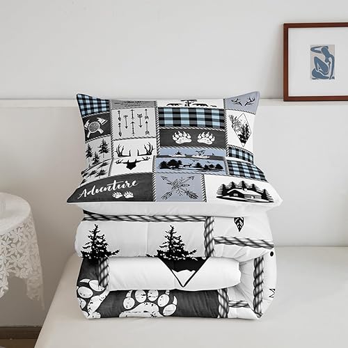 Miniatura 5 de Juego de edredón de oso de ciervo para niños, tamaño individual, juego de ropa de cama rústica de aventura de caza para niños, niñas y adultos,