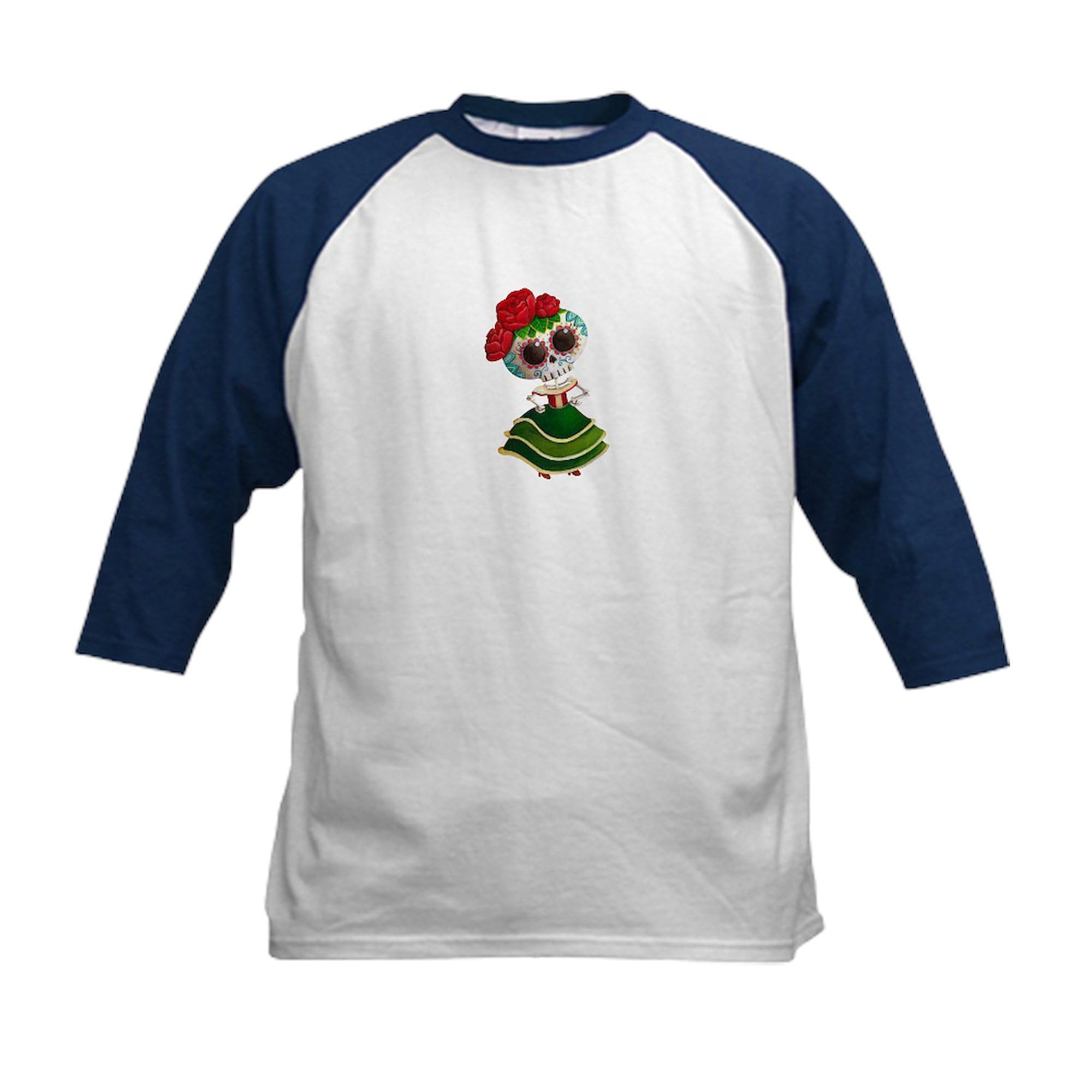 CafePress El Dia De Los Muertos Skeleton Girl Baseball Jerse Kids Cotton Baseball Jersey, 3/4 Raglan Sleeve Shirt Navy/White