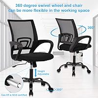 Vista 5 de Silla de oficina ergonómica de malla con respaldo medio, soporte lumbar, ajustable, giratoria, enrollable, silla de escritorio rosa con brazos