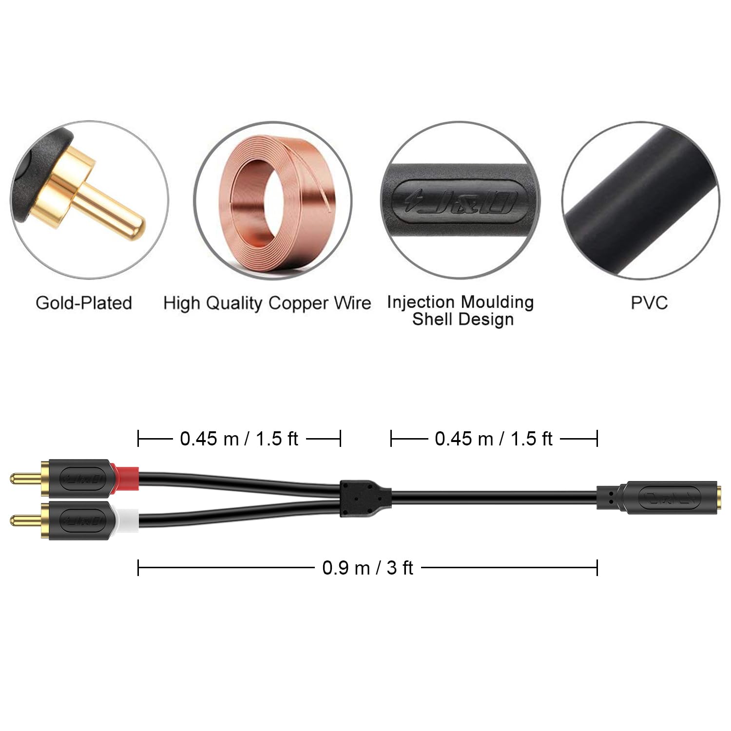Cavo Audio J&D 3.5 Mm To 2 RCA - Oro Placcato, 0.9 Meter, Per Altoparlanti E Dispositivi Audio - Foto 2