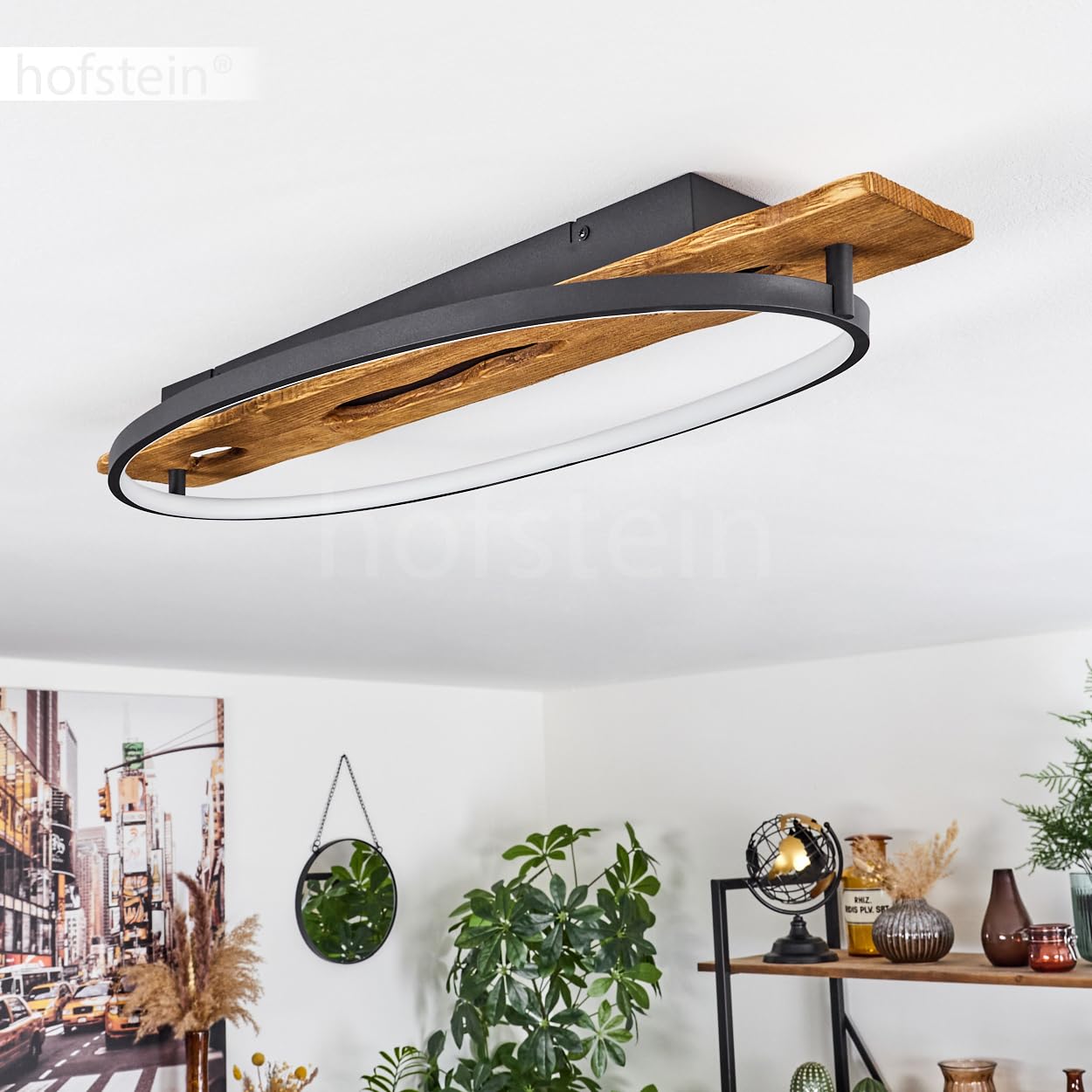 HOFSTEIN LED Deckenleuchte Nevogilde, moderne Deckenlampe aus Metall/Holz/Kunststoff in Anthazit/Natur/Weiß, Leuchte im skandinavischen Design mit Holzbalken, 2400 Lumen, 3000 Kelvin, 20 Watt