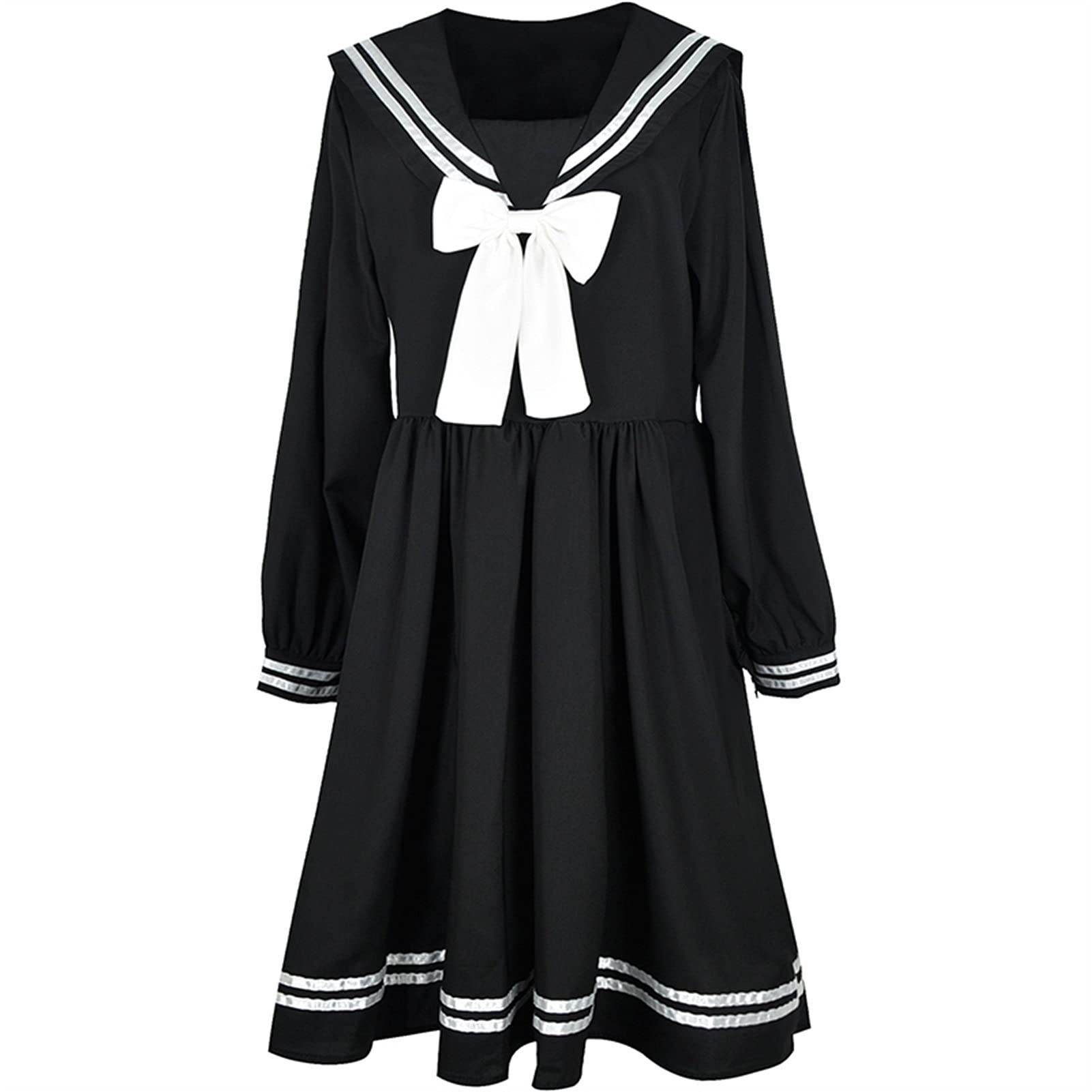 Esdlajks Women's Black Lolita Gothic Dress Cute Lolita Dress Skirt Dresses Dress Bow Patchwork Loose Japanese Preppy Style Navy Sailor Collar Kawaii Long Sleeve Dress Jk Girl Outfits