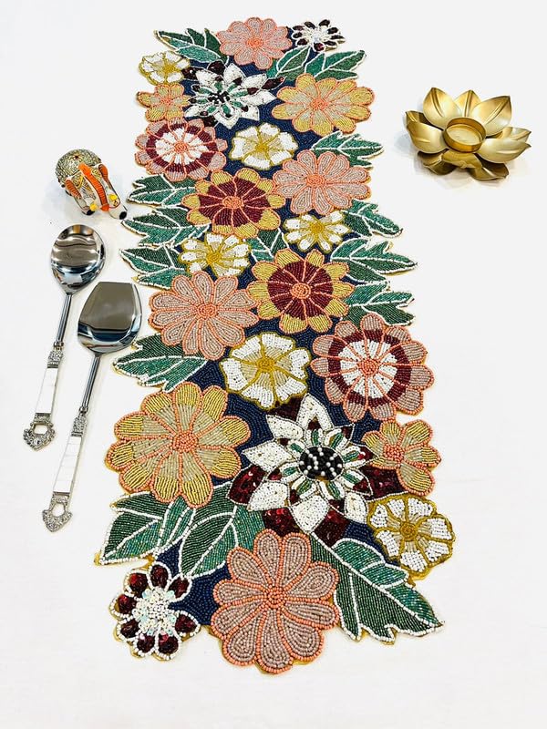 MFU-MADE FOR YOU Cotton Beautiful Beaded Multi Colour Flowers Table Runner Craftsmanship Measure 13 * 36 Inches| Thanksgiving - Occasional Decoration,Medium