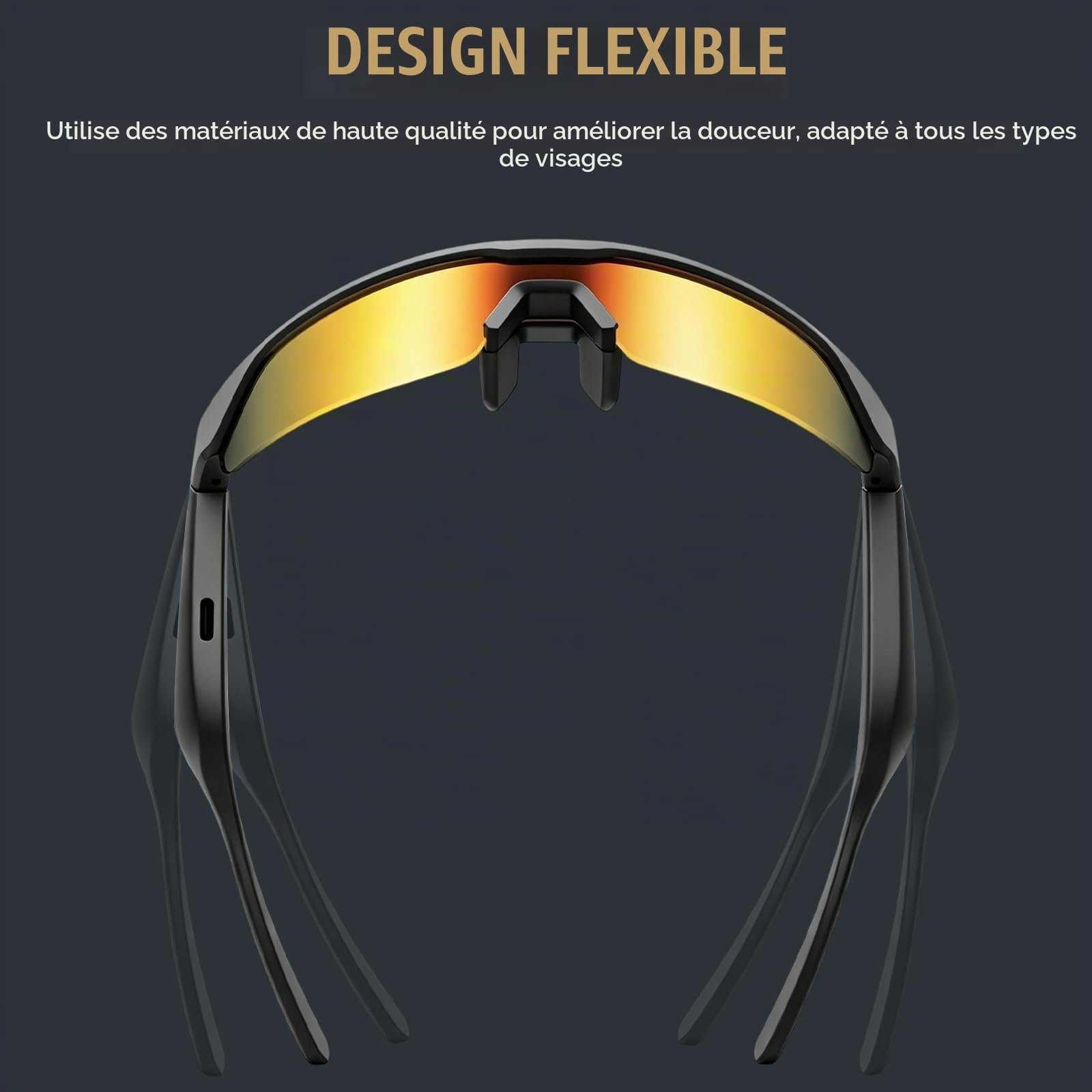 Lunettes de Soleil Bluetooth Intelligentes, Lunette Protection de Cyclisme, Réponse en un Clic, Protection UV, Navigation Vocale, pour Homme et Femme, Cyclisme, Course, Ski