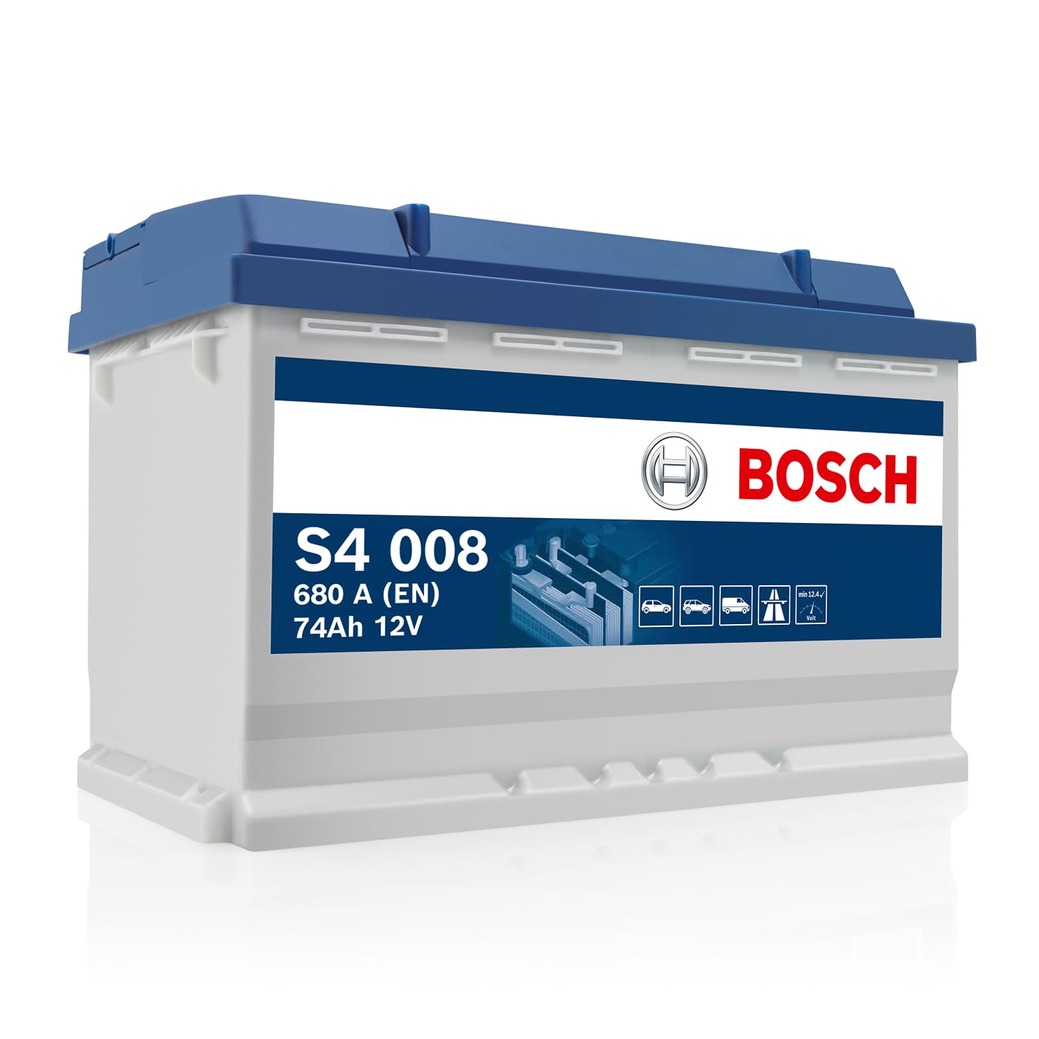 Bosch S4 008 Batterie Auto 74 A/​h - 680 A - Batterie 12 V, Plomb-​acide pour Véhicules sans Système Start/​Stop, Polarité Gauche (-) Droite (+), 278 x 175 x 190 mm