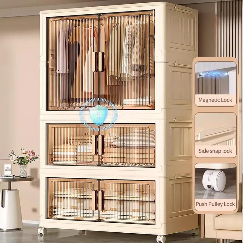 Image of Plastic Wardrobe for Cloths | 3 Layer Stackable Almirah with Hanging Rod, Transparent Doors, Wheels | Foldable Storage Cabinet Organizer for Clothes /Books /Toys