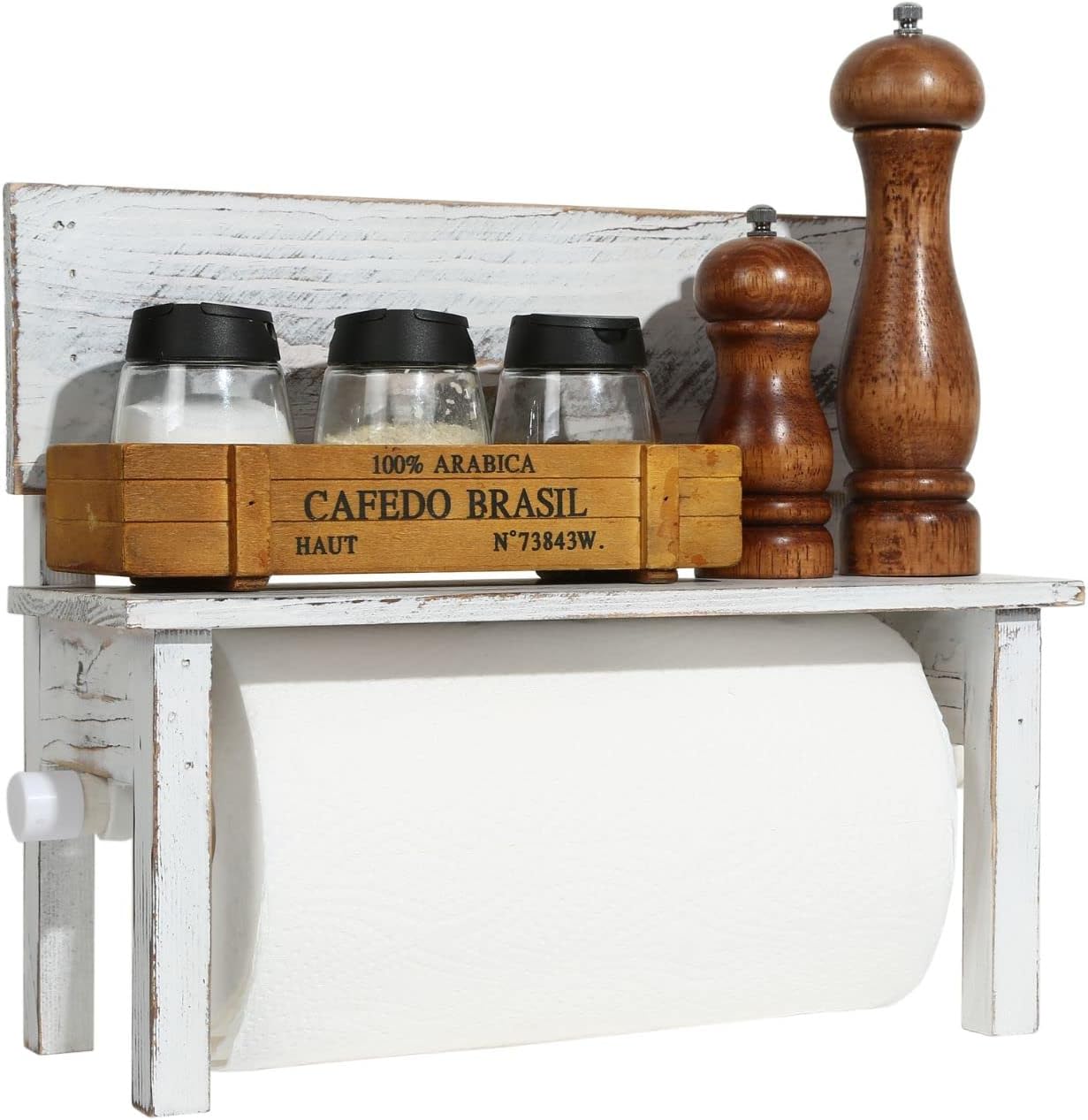 Farmhouse Paper Towel Holder for Kitchen Countertop with Shelf,Rustic Decorative Bench Paper Towel Dispenser, Whitewashed Wood,Rolls Sized 11.4x5.7IN or Smaller Only