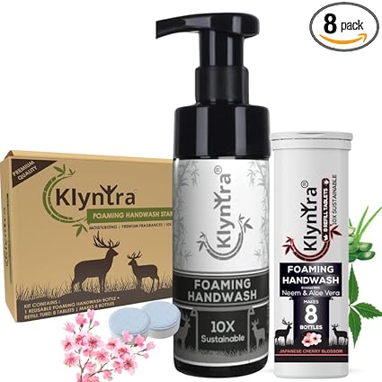 Klyntra Smart Foaming Handwash Starter Kit - 8 Tablets Makes 8 Bottles Handwash | Japanese Cherry Blossom Scent | Moisturizing Foam | Dermatologically Tested | Non-Toxic | Sustainable
