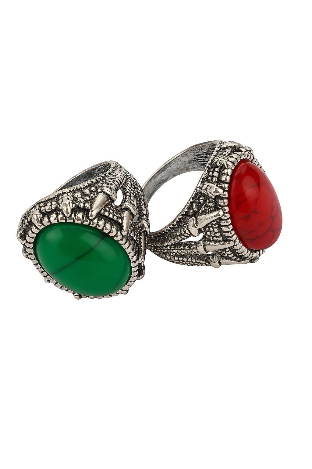 Vintage Statement Ring, Oval Green Agate Stone, Antique Silver Tone, Standard Size Pack of 2-picture-53