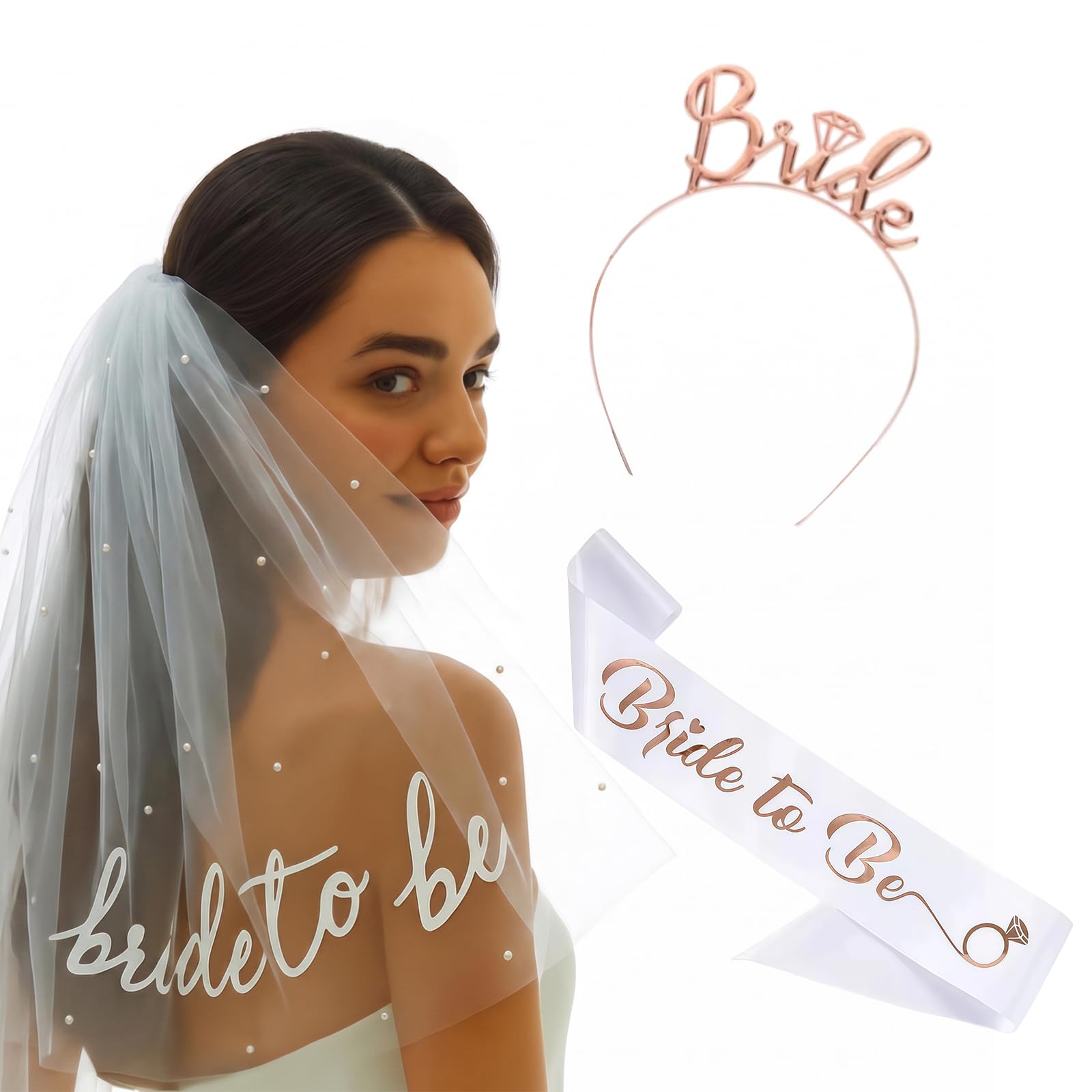 AstraGlam Hen Party Accessories for Women, 3-Piece Bride to Be Sash with Veil Bridal Tiara, Bride Headband, Accessories for Hen Party, Bridal Party Decorations, Engagement Gift for the Bride