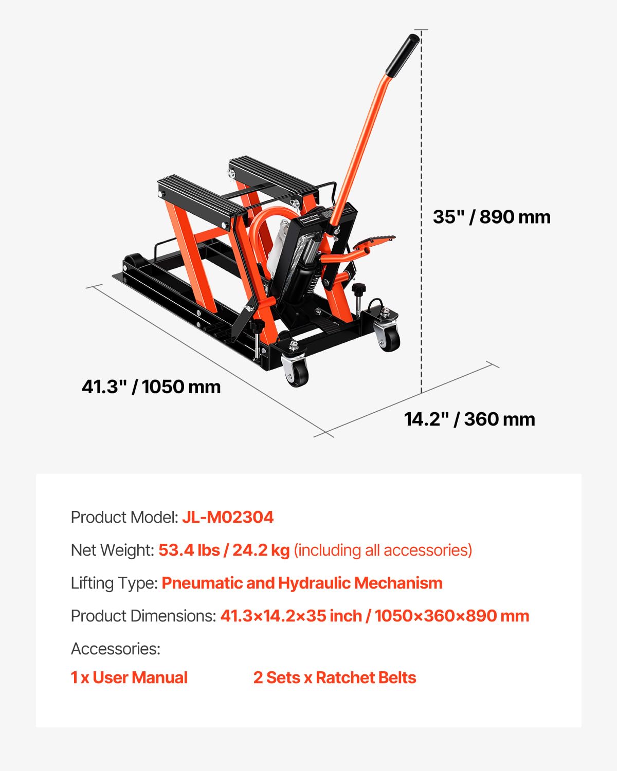 VEVOR Podnośnik motocyklowy, nośność 680 kg, hydrauliczny i pneumatyczny podnośnik motocyklowy, zakres wysokości 10–38 cm, wytrzymały stojak naprawczy do roweru ze zdejmowaną rampą z 2 kółkami do